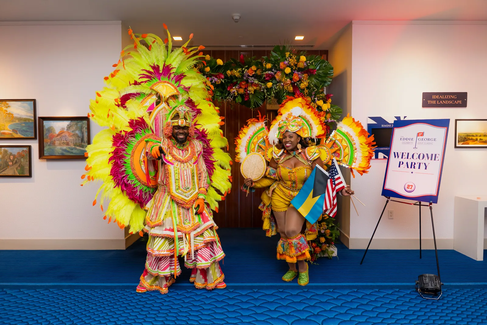 Junkanoo performers in full costume at the welcome party, Nassau